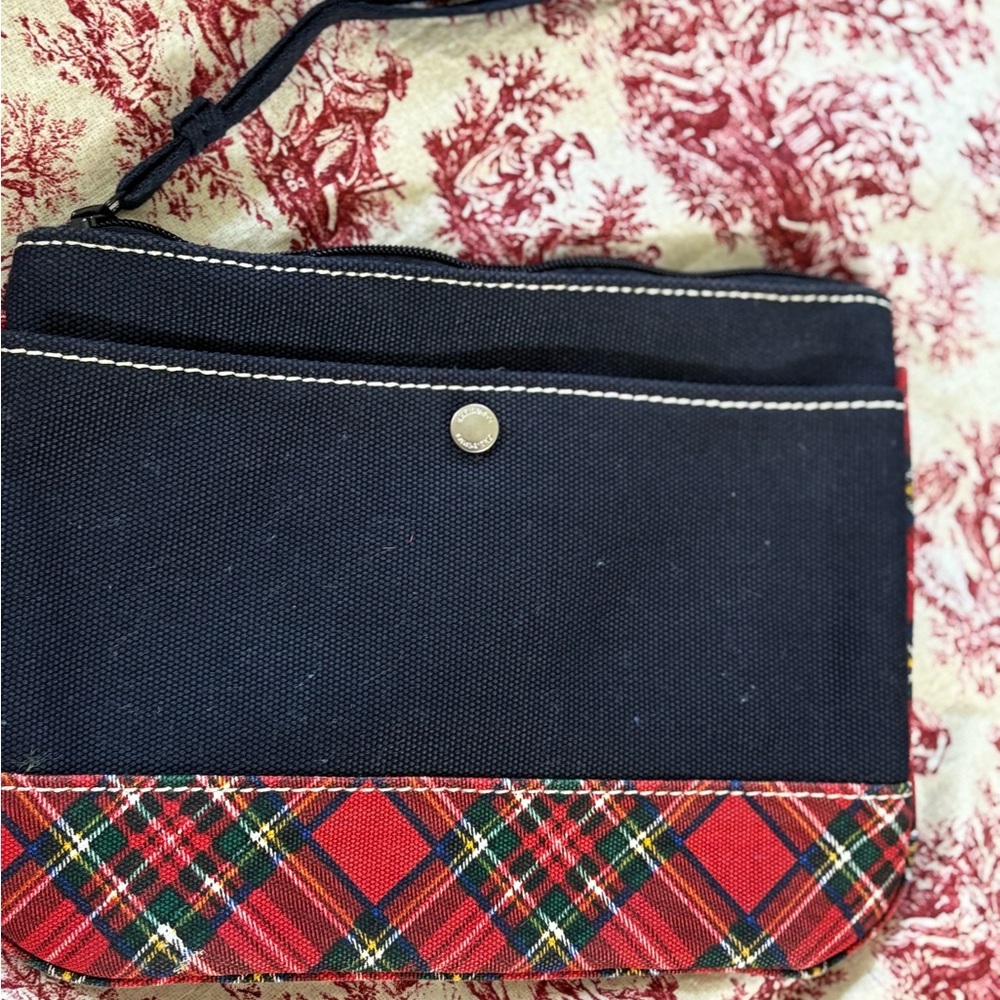 Lands' End Navy and Red zip Clutch with Plaid Design